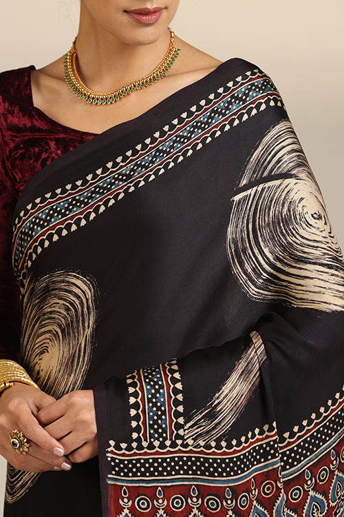 Tenaaro  Ajrakh Hand Block Printed Modal Silk Saree (Black22)
