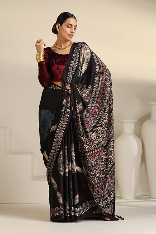 Tenaaro  Ajrakh Hand Block Printed Modal Silk Saree (Black22)