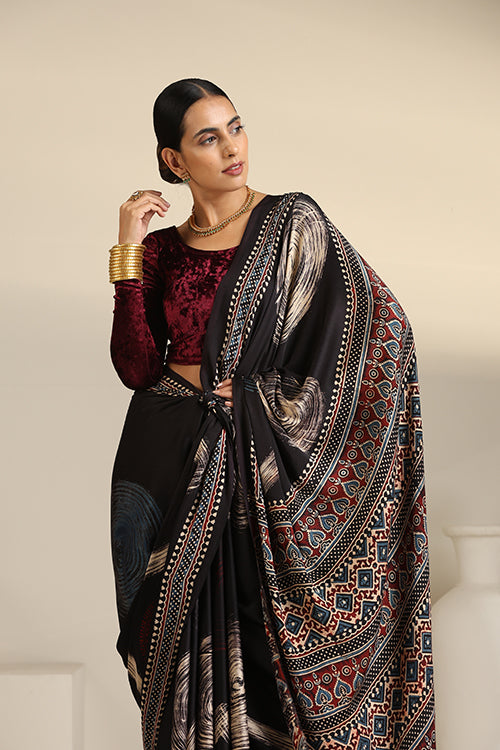 Tenaaro  Ajrakh Hand Block Printed Modal Silk Saree (Black22)