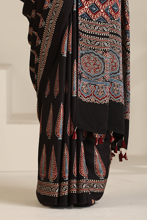 TENAARO  Ajrakh Hand Block Printed Modal Silk Saree (Black23)