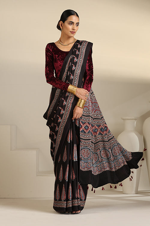 TENAARO  Ajrakh Hand Block Printed Modal Silk Saree (Black23)