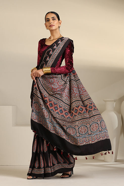 Tenaaro  Ajrakh Hand Block Printed Modal Silk Saree (Black23)