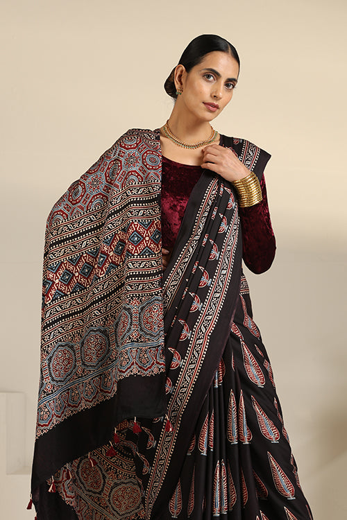 Tenaaro  Ajrakh Hand Block Printed Modal Silk Saree (Black23)