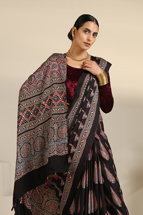 TENAARO  Ajrakh Hand Block Printed Modal Silk Saree (Black23)