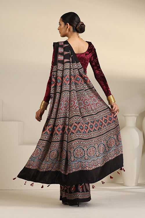 TENAARO  Ajrakh Hand Block Printed Modal Silk Saree (Black23)