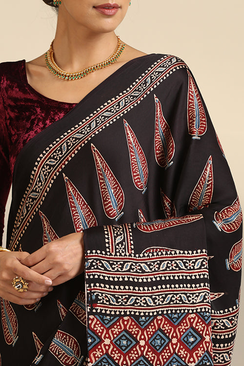 TENAARO  Ajrakh Hand Block Printed Modal Silk Saree (Black23)