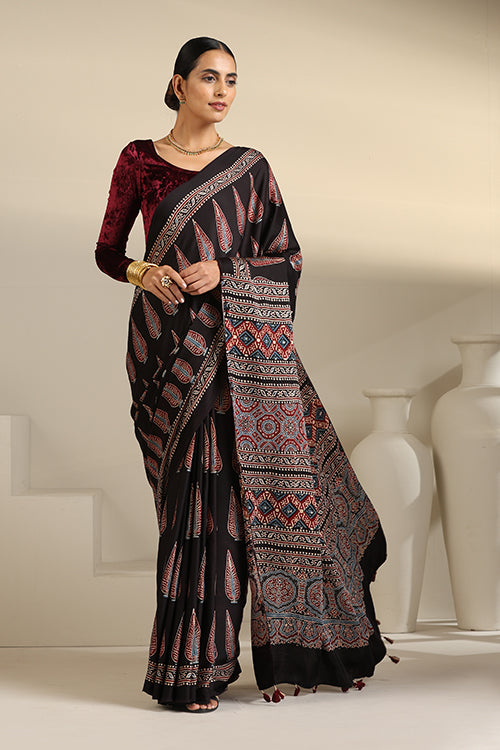 TENAARO  Ajrakh Hand Block Printed Modal Silk Saree (Black23)