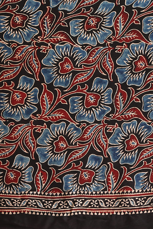 TENAARO  Ajrakh Hand Block Printed Modal Silk Saree (Black23)