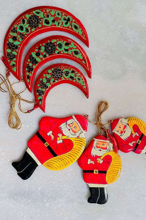 TICH  Kashmiri Art Xmas Decorations - Set Of 6 (3 Moons, 3 Santa)