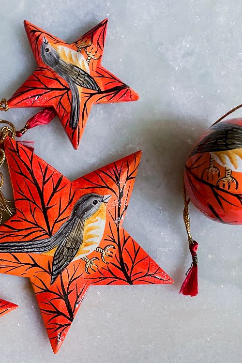 TICH  Kashmiri Art Xmas Decorations - Set Of 6 (3 Stars, 1 Bauble, 2 Bells)