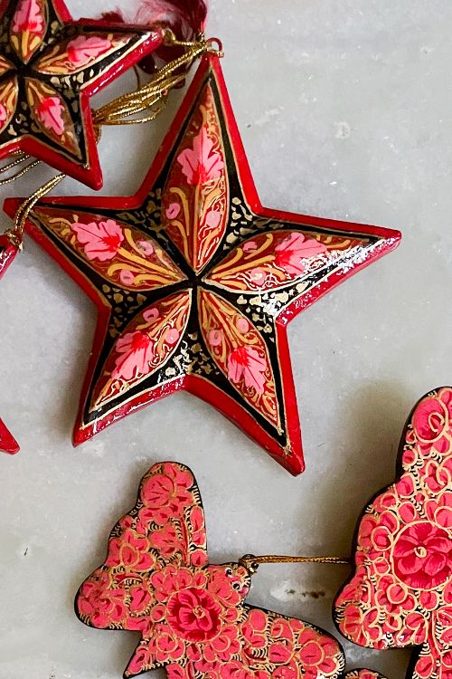 TICH  Kashmiri Art Xmas Decorations - Set Of 9 (3 Stars, 3 Butterflies, 3 Camels)