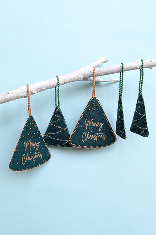 Okhai “Gracious” Set of 5 Hand-Embroidered and Mirror work Tree-Shaped Christmas Ornaments