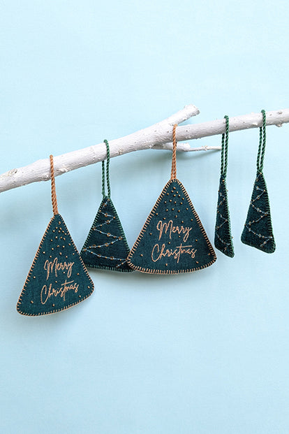 Okhai “Gracious” Set of 5 Hand-Embroidered and Mirror work Tree-Shaped Christmas Ornaments