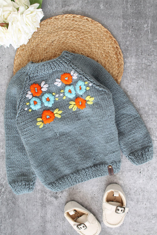 Handknitted Floral "Embroidered" Sweater for Kids - Light Grey