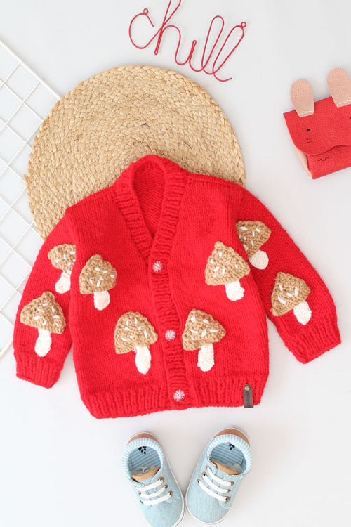 Ajoobaa Handknitted "Mushroom Applique" Sweater for Kids - Red
