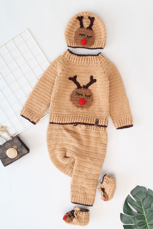 Ajoobaa "Reindeer Face" Sweater & Pants Set With Cap & Boots - Beige