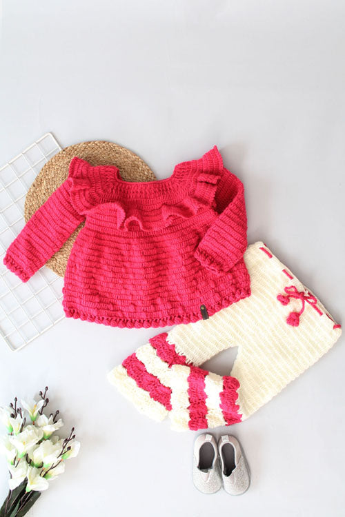 Ajoobaa Crochet "Frill Detail" Sweater With Sharara - Pink