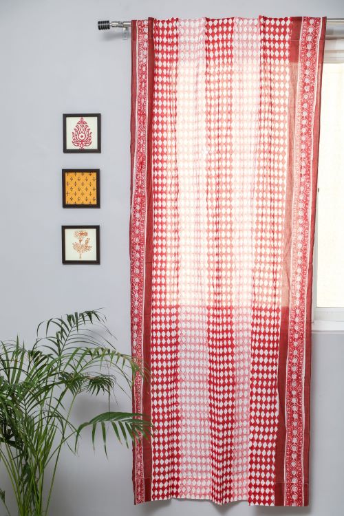 Artistic Red Illusions Hand Block Printed Door Curtain