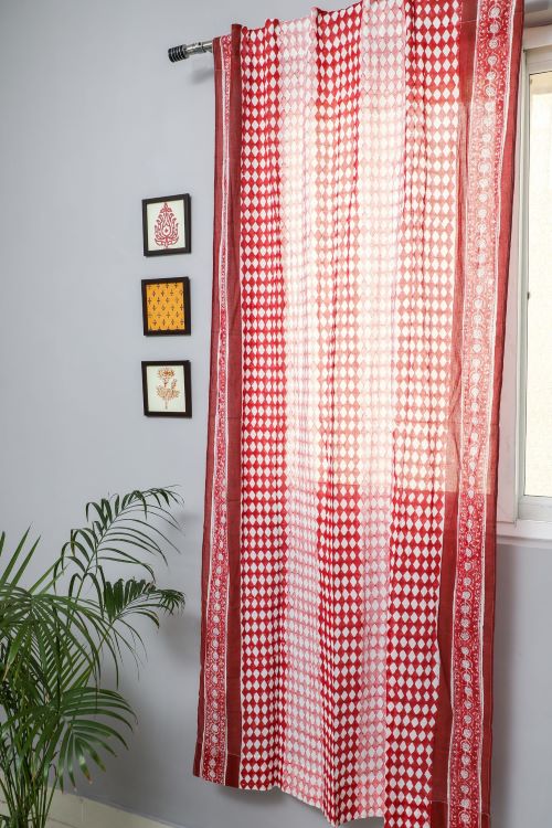 Artistic Red Illusions Hand Block Printed Door Curtain