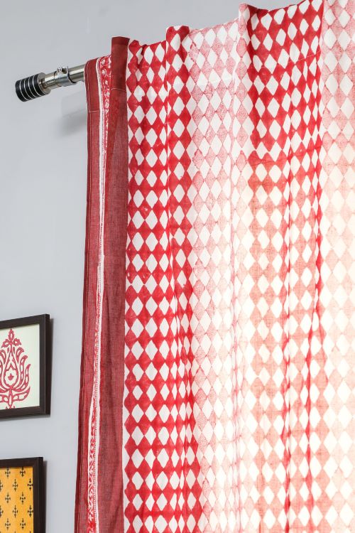 Artistic Red Illusions Hand Block Printed Door Curtain