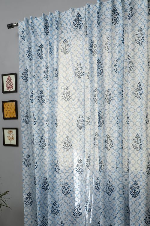 Sooti Syahi Cabbean Blue Hand Block Printed Door Curtain