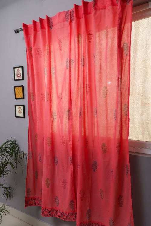 Sooti Syahi Climbing Orange Hand Block Printed Door Curtain
