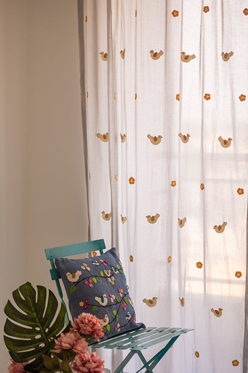 Samoolam Prakriti Door Curtain ~ Crochet Birds ~ Light Grey