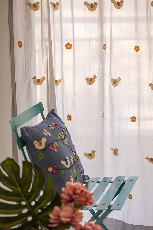 Samoolam Prakriti Door Curtain ~ Crochet Birds ~ Light Grey