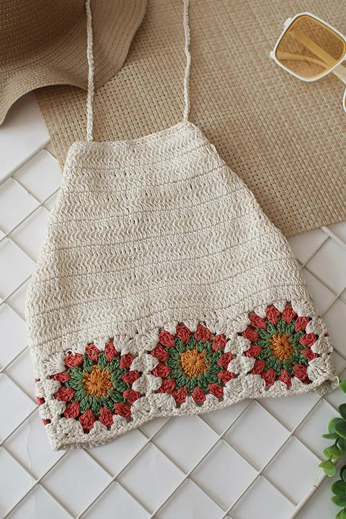 Ajoobaa Kid "Granny Square" Halterneck Top - Offwhite