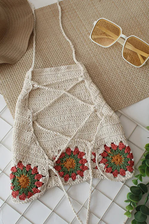 Ajoobaa Kid "Granny Square" Halterneck Top - Offwhite