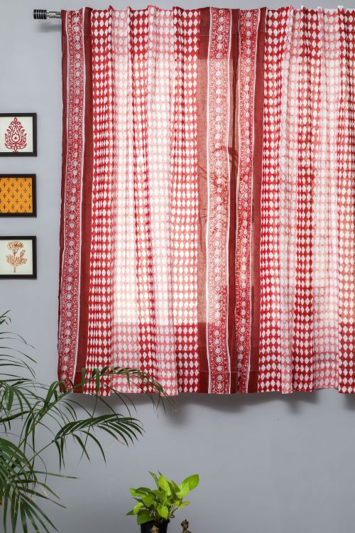 Sooti Syahi Artistic Red Illusions Hand Block Printed Window Curtain