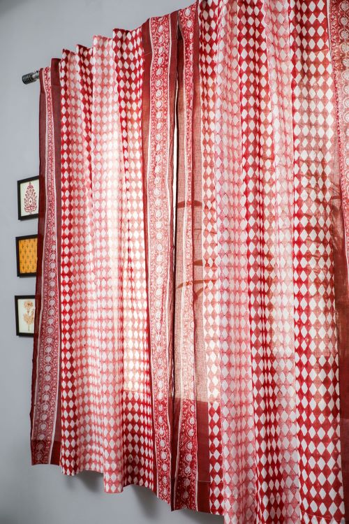 Sooti Syahi Artistic Red Illusions Hand Block Printed Window Curtain