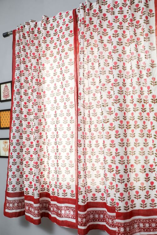 Sooti Syahi Evergreen Cherry Hand Block Printed Window Curtain