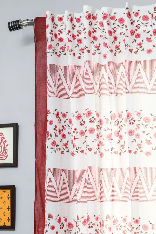 Sooti Syahi Zig Zag Ruby Crush Hand Block Printed Window Curtain