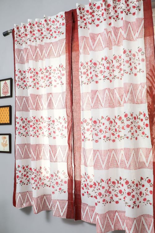 Sooti Syahi Zig Zag Ruby Crush Hand Block Printed Window Curtain