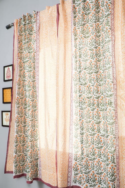 Sooti Syahi Fairyland Yellow Hand Block Printed Window Curtain