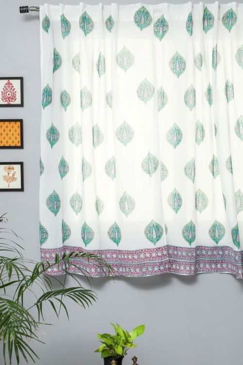 Sooti Syahi Green Palm Hand Block Printed Window Curtain