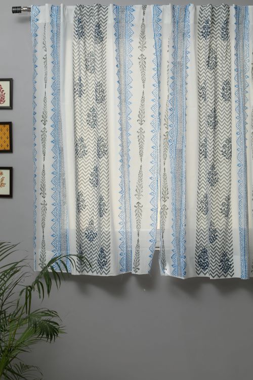 Sooti Syahi Bering Blue Hand Block Printed Window Curtain