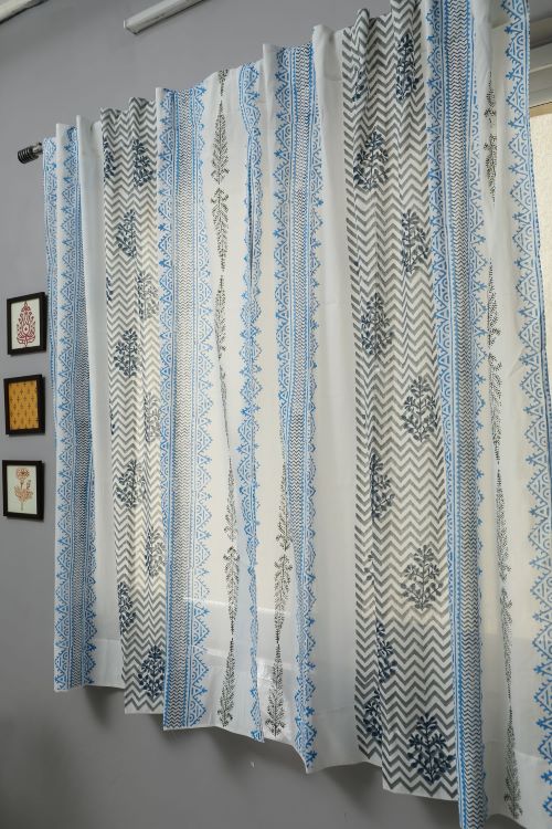 Sooti Syahi Bering Blue Hand Block Printed Window Curtain