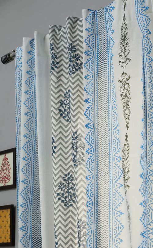 Sooti Syahi Bering Blue Hand Block Printed Window Curtain