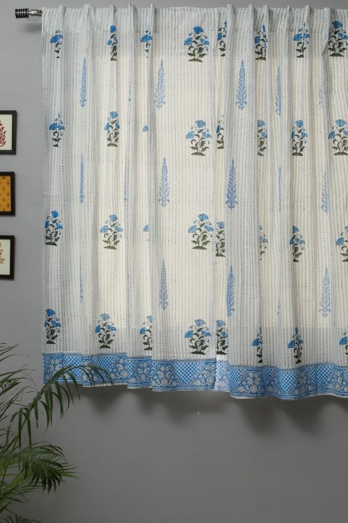 Sooti Syahi Coral Blue Hand Block Printed Window Curtain