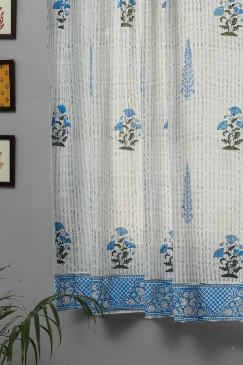 Coral Blue Hand Block Printed Window Curtain