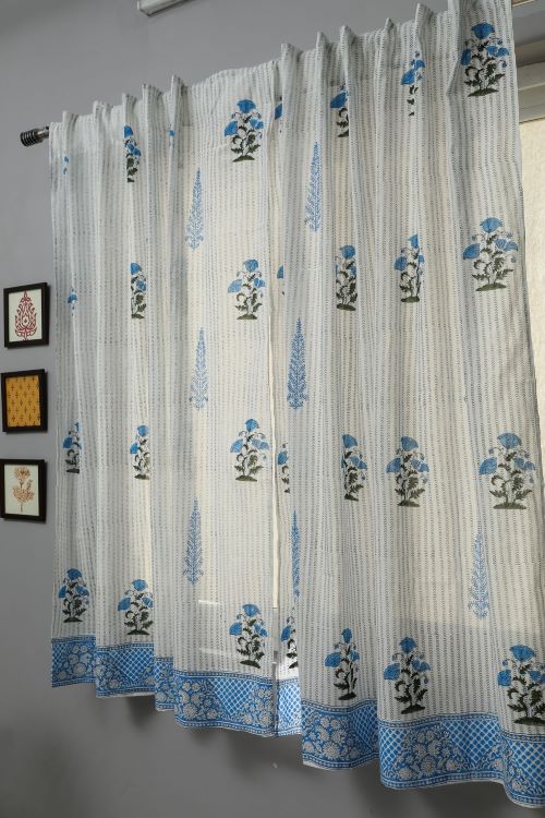Sooti Syahi Coral Blue Hand Block Printed Window Curtain