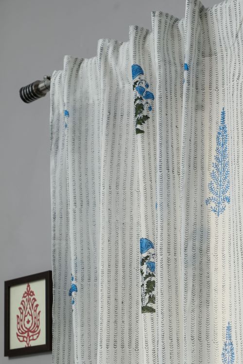 Sooti Syahi Coral Blue Hand Block Printed Window Curtain