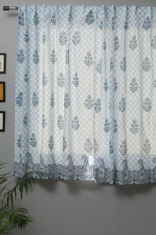 Sooti Syahi Cabbean Blue Hand Block Printed Window Curtain