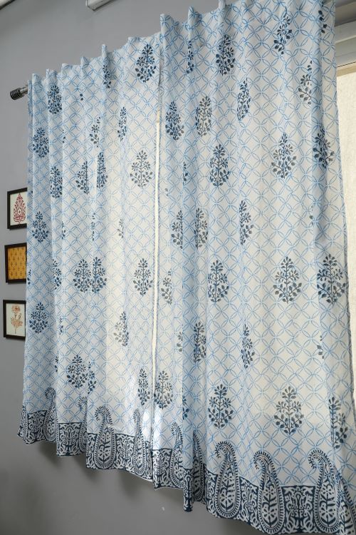 Sooti Syahi Cabbean Blue Hand Block Printed Window Curtain