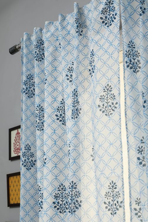 Sooti Syahi Cabbean Blue Hand Block Printed Window Curtain