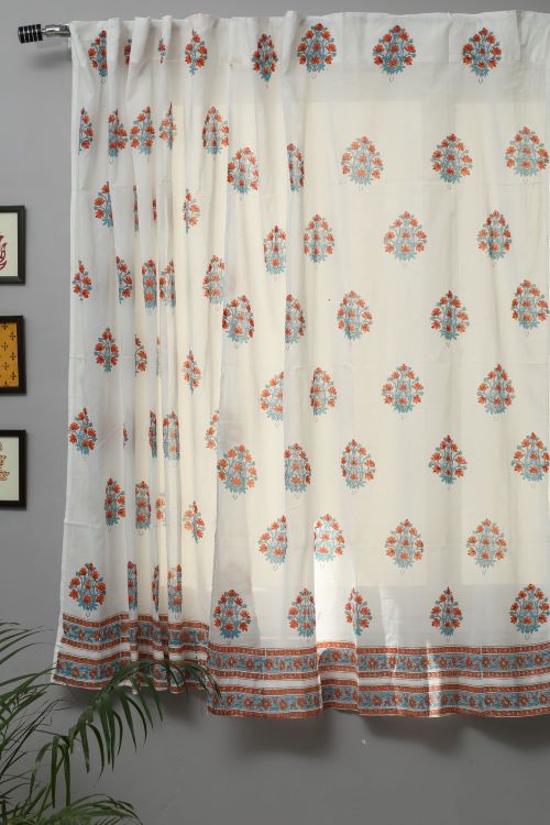 Sooti Syahi Saffron Daisy Hand Block Printed Window Curtain