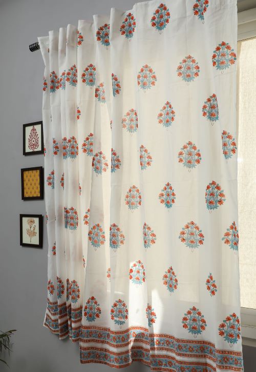 Sooti Syahi Saffron Daisy Hand Block Printed Window Curtain