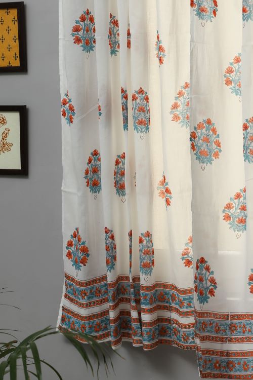 Sooti Syahi Saffron Daisy Hand Block Printed Window Curtain